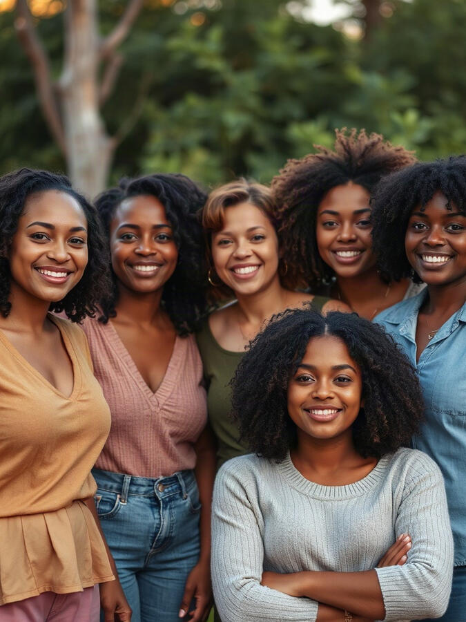 A panoramic image of diverse women standing together, conveying strength, unity, and empowerment.
